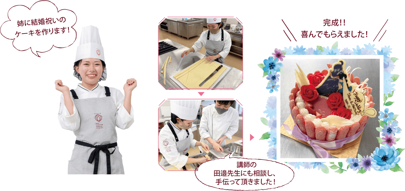 姉に結婚祝いのケーキを作ります!講師の田邉先生にも相談し、手伝って頂きました!
